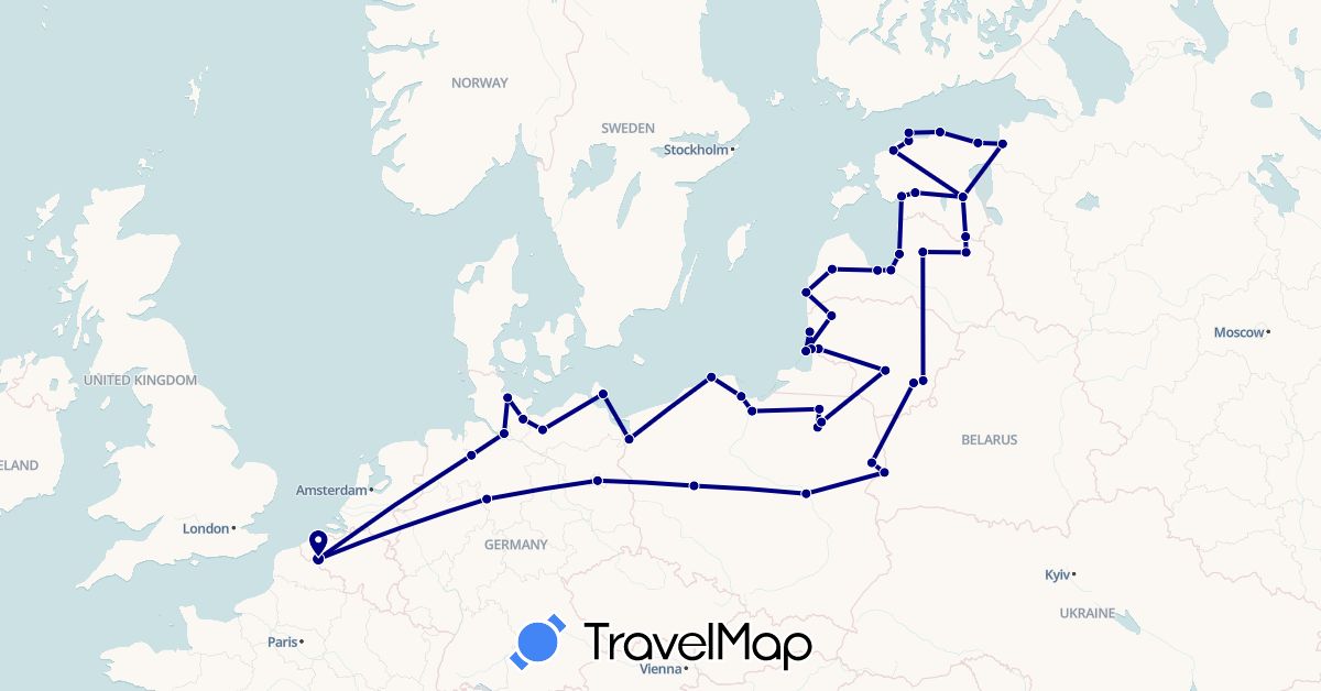 TravelMap itinerary: driving in Belgium, Germany, Estonia, Lithuania, Latvia, Poland (Europe)